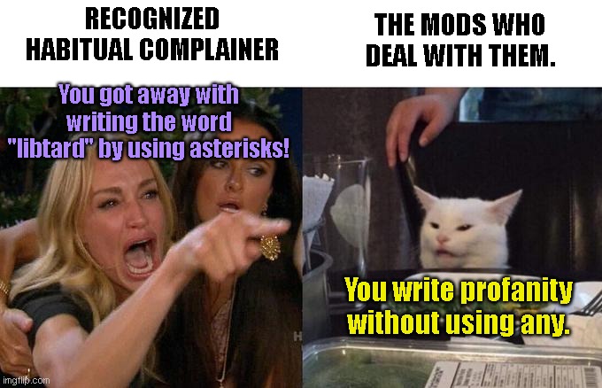 One of them evenings dealing with one of them folks | RECOGNIZED HABITUAL COMPLAINER; THE MODS WHO DEAL WITH THEM. You got away with writing the word "libtard" by using asterisks! You write profanity without using any. | image tagged in memes,woman yelling at cat,imgflip users,liberal hypocrisy,complainers | made w/ Imgflip meme maker