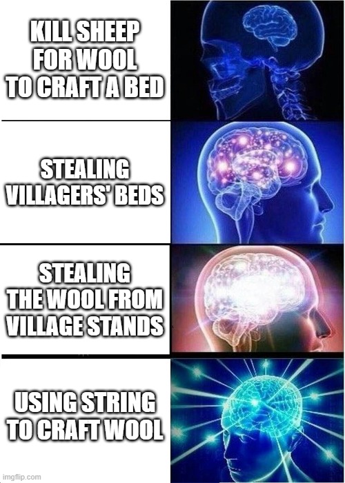 Expanding Brain Meme | KILL SHEEP FOR WOOL TO CRAFT A BED; STEALING VILLAGERS' BEDS; STEALING THE WOOL FROM VILLAGE STANDS; USING STRING TO CRAFT WOOL | image tagged in memes,expanding brain | made w/ Imgflip meme maker