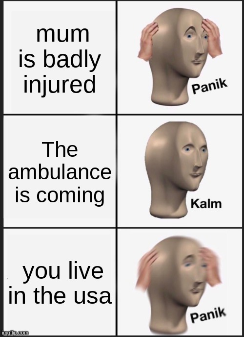 USA healthcare | mum is badly injured; The ambulance is coming; you live in the usa | image tagged in memes,panik kalm panik | made w/ Imgflip meme maker