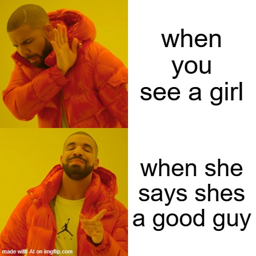 Drake Hotline Bling Meme | when you see a girl; when she says shes a good guy | image tagged in memes,drake hotline bling | made w/ Imgflip meme maker