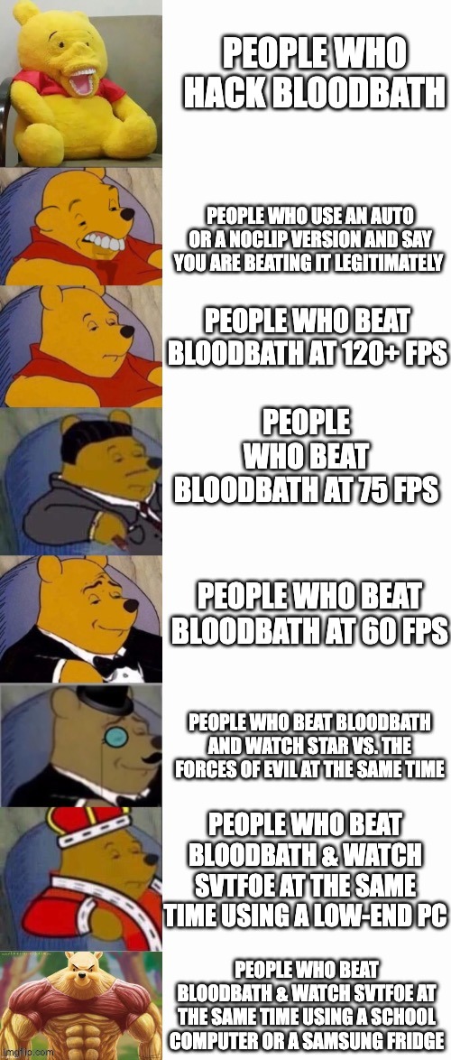 Beating Bloodbath in Different Ways |  PEOPLE WHO HACK BLOODBATH; PEOPLE WHO USE AN AUTO OR A NOCLIP VERSION AND SAY YOU ARE BEATING IT LEGITIMATELY; PEOPLE WHO BEAT BLOODBATH AT 120+ FPS; PEOPLE WHO BEAT BLOODBATH AT 75 FPS; PEOPLE WHO BEAT BLOODBATH AT 60 FPS; PEOPLE WHO BEAT BLOODBATH AND WATCH STAR VS. THE FORCES OF EVIL AT THE SAME TIME; PEOPLE WHO BEAT BLOODBATH & WATCH SVTFOE AT THE SAME TIME USING A LOW-END PC; PEOPLE WHO BEAT BLOODBATH & WATCH SVTFOE AT THE SAME TIME USING A SCHOOL COMPUTER OR A SAMSUNG FRIDGE | image tagged in 8-panel winnie the pooh meme,geometry dash,memes,gaming,pc gaming,tuxedo winnie the pooh | made w/ Imgflip meme maker