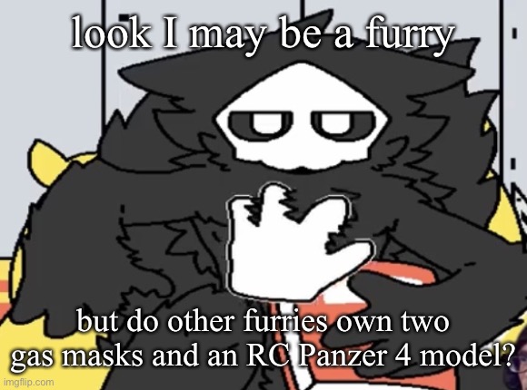 puro judging you | look I may be a furry; but do other furries own two gas masks and an RC Panzer 4 model? | image tagged in puro judging you | made w/ Imgflip meme maker