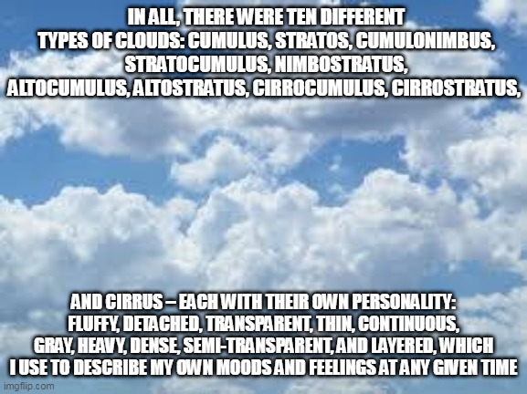 clouds | IN ALL, THERE WERE TEN DIFFERENT TYPES OF CLOUDS: CUMULUS, STRATOS, CUMULONIMBUS, STRATOCUMULUS, NIMBOSTRATUS, ALTOCUMULUS, ALTOSTRATUS, CIRROCUMULUS, CIRROSTRATUS, AND CIRRUS – EACH WITH THEIR OWN PERSONALITY: FLUFFY, DETACHED, TRANSPARENT, THIN, CONTINUOUS, GRAY, HEAVY, DENSE, SEMI-TRANSPARENT, AND LAYERED, WHICH I USE TO DESCRIBE MY OWN MOODS AND FEELINGS AT ANY GIVEN TIME | image tagged in clouds | made w/ Imgflip meme maker