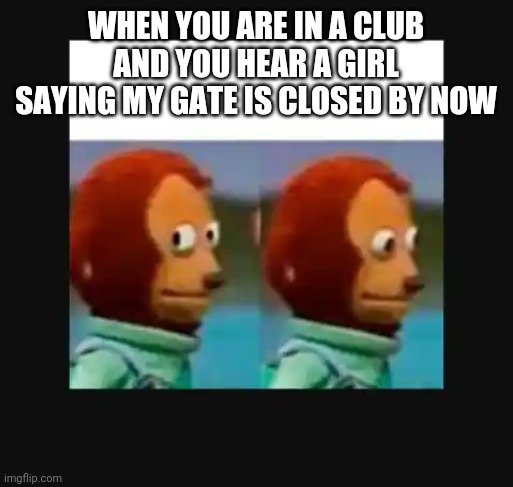Fun | WHEN YOU ARE IN A CLUB AND YOU HEAR A GIRL SAYING MY GATE IS CLOSED BY NOW | image tagged in fun | made w/ Imgflip meme maker