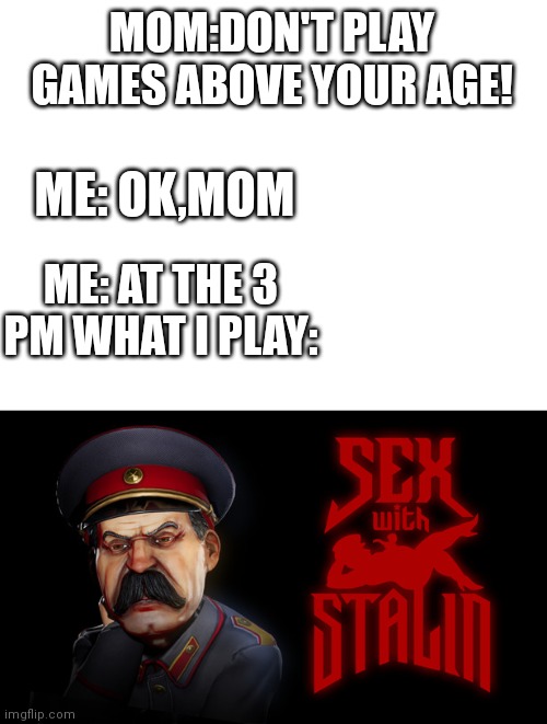 Yes im good kid |  MOM:DON'T PLAY GAMES ABOVE YOUR AGE! ME: OK,MOM; ME: AT THE 3 PM WHAT I PLAY: | image tagged in blank white template,joseph stalin | made w/ Imgflip meme maker