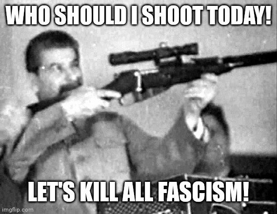 Stalin shot you! |  WHO SHOULD I SHOOT TODAY! LET'S KILL ALL FASCISM! | image tagged in joseph stalin | made w/ Imgflip meme maker