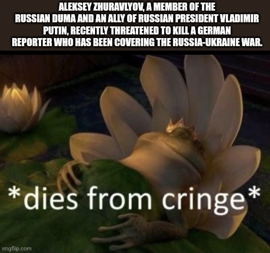 oof | ALEKSEY ZHURAVLYOV, A MEMBER OF THE RUSSIAN DUMA AND AN ALLY OF RUSSIAN PRESIDENT VLADIMIR PUTIN, RECENTLY THREATENED TO KILL A GERMAN REPORTER WHO HAS BEEN COVERING THE RUSSIA-UKRAINE WAR. | image tagged in dies from cringe,propaganda,russia,ukraine,germany,memes | made w/ Imgflip meme maker