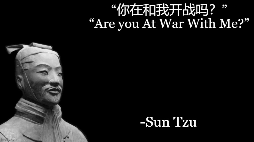Huh never knew sun tzu was this stupid |  “你在和我开战吗？”
“Are you At War With Me?”; -Sun Tzu | image tagged in sun tzu | made w/ Imgflip meme maker