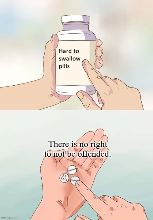 Hard to Swallow Pills | There is no right to not be offended. | image tagged in hard to swallow pills,politics,memes | made w/ Imgflip meme maker