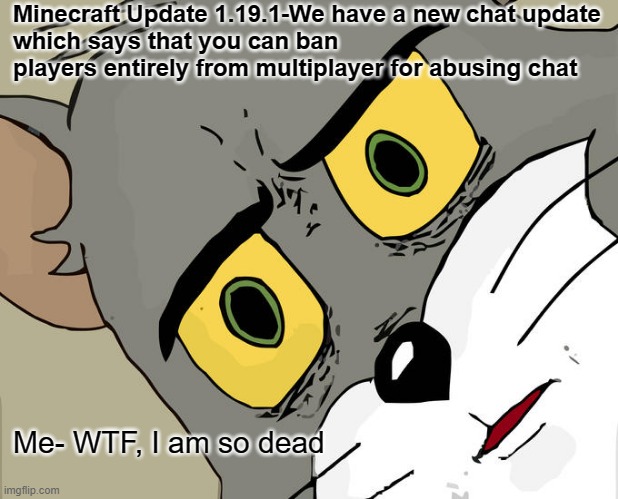 Minecraft update 1.19.1 | Minecraft Update 1.19.1-We have a new chat update 
which says that you can ban players entirely from multiplayer for abusing chat; Me- WTF, I am so dead | image tagged in memes,unsettled tom | made w/ Imgflip meme maker