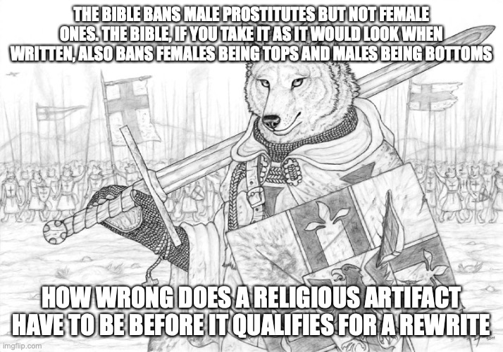 Fursader. | THE BIBLE BANS MALE PROSTITUTES BUT NOT FEMALE ONES. THE BIBLE, IF YOU TAKE IT AS IT WOULD LOOK WHEN WRITTEN, ALSO BANS FEMALES BEING TOPS AND MALES BEING BOTTOMS; HOW WRONG DOES A RELIGIOUS ARTIFACT HAVE TO BE BEFORE IT QUALIFIES FOR A REWRITE | image tagged in fursader | made w/ Imgflip meme maker
