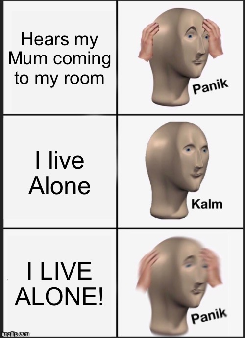 Oh- |  Hears my Mum coming to my room; I live Alone; I LIVE ALONE! | image tagged in memes,panik kalm panik,mum,sleep,parents,scary | made w/ Imgflip meme maker