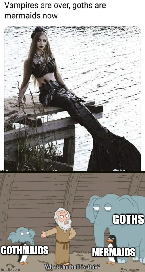 Here's the original: https://imgflip.com/i/6p6wk6 |  GOTHS; MERMAIDS; GOTHMAIDS | image tagged in gothmaid,mermaid,goth,what the hell is this,fusion | made w/ Imgflip meme maker
