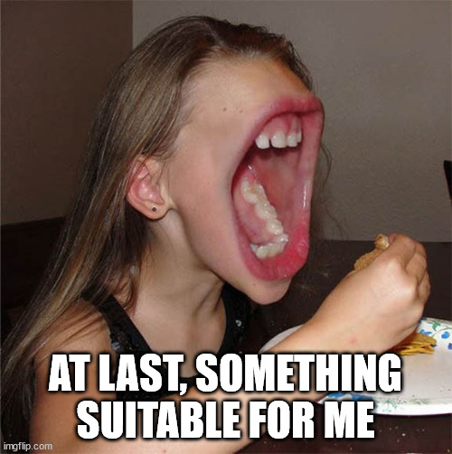 Big mouth girl | AT LAST, SOMETHING SUITABLE FOR ME | image tagged in big mouth girl | made w/ Imgflip meme maker
