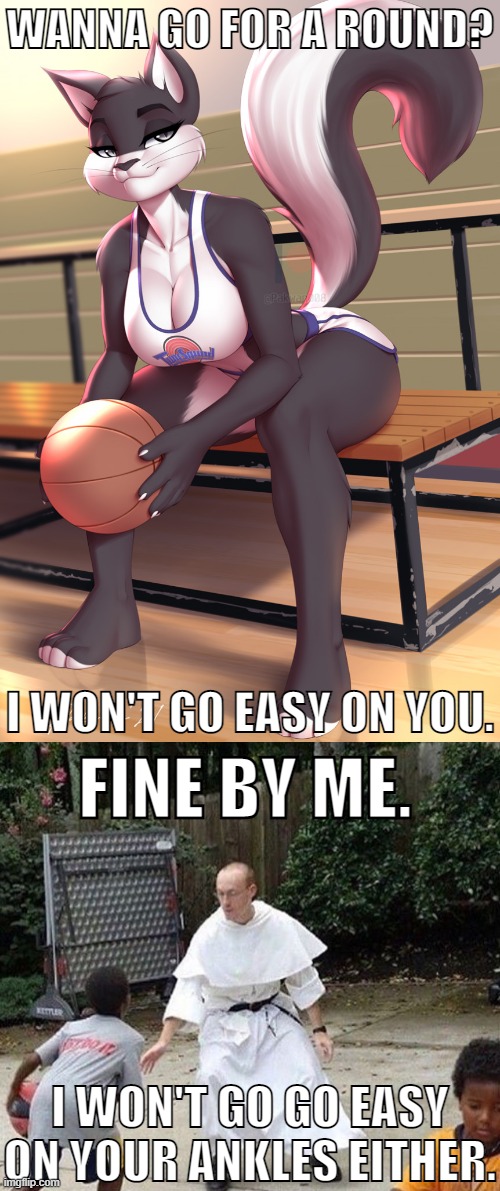 Imma hit dem hoops like Jesus's halo! | WANNA GO FOR A ROUND? I WON'T GO EASY ON YOU. FINE BY ME. I WON'T GO GO EASY ON YOUR ANKLES EITHER. | image tagged in memes,funny,space jam,basketball,furry | made w/ Imgflip meme maker