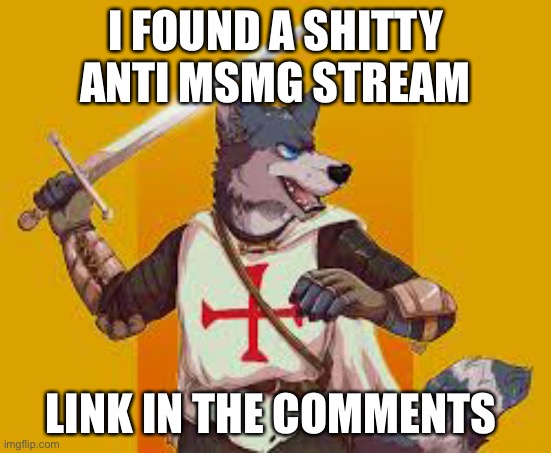Furry Crusader | I FOUND A SHITTY ANTI MSMG STREAM; LINK IN THE COMMENTS | image tagged in furry crusader | made w/ Imgflip meme maker