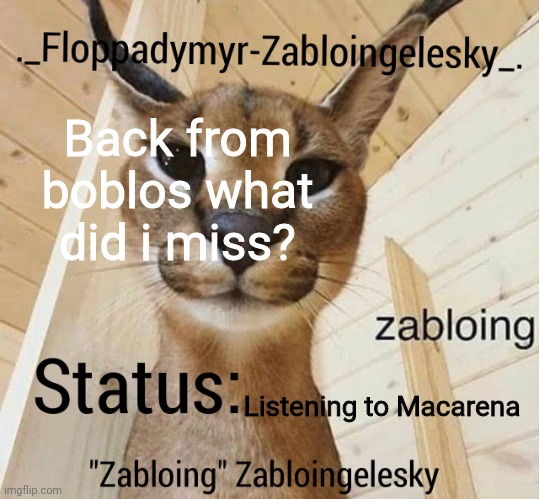 Zabloingelesky's Annoucment temp | Back from boblos what did i miss? Listening to Macarena | image tagged in zabloingelesky's annoucment temp | made w/ Imgflip meme maker