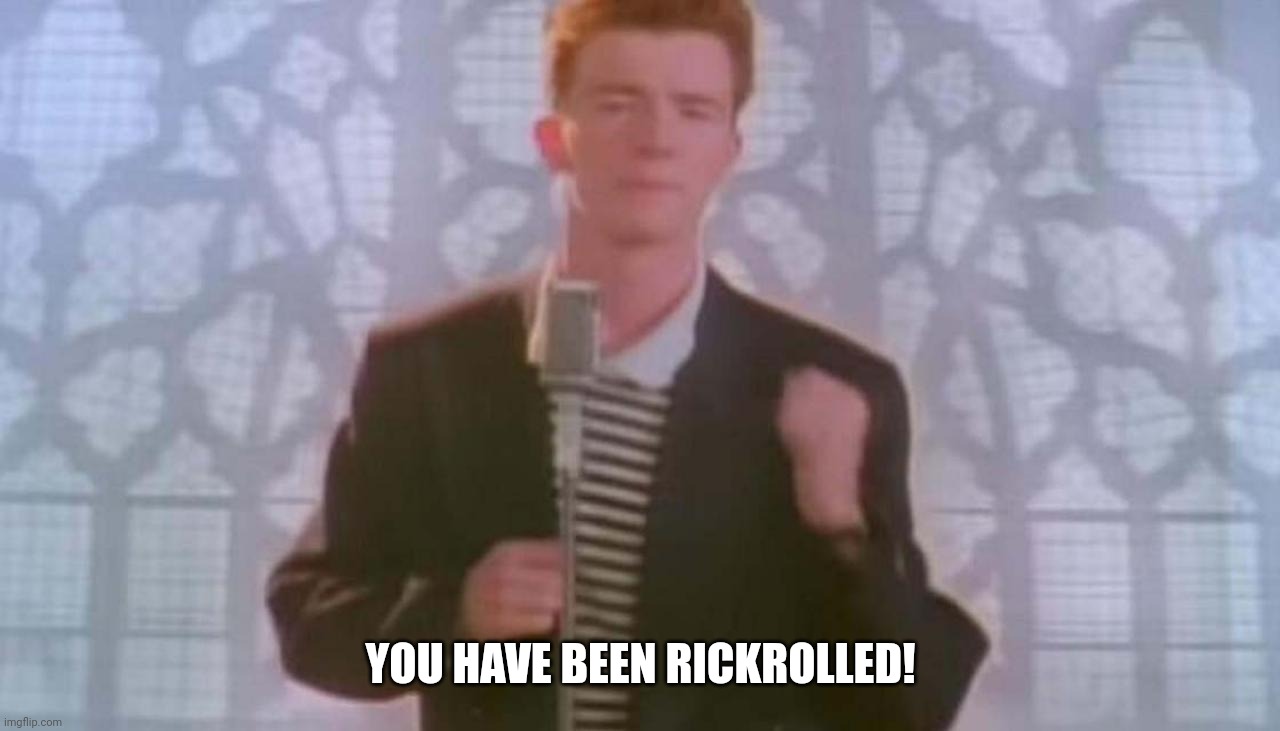 Never gonna give you up | YOU HAVE BEEN RICKROLLED! | image tagged in never gonna give you up | made w/ Imgflip meme maker