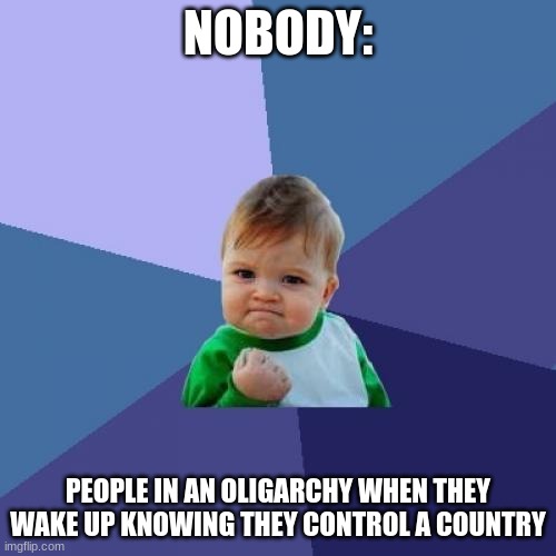 Success Kid |  NOBODY:; PEOPLE IN AN OLIGARCHY WHEN THEY WAKE UP KNOWING THEY CONTROL A COUNTRY | image tagged in memes,success kid | made w/ Imgflip meme maker