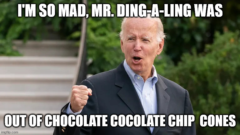 Biden | I'M SO MAD, MR. DING-A-LING WAS; OUT OF CHOCOLATE COCOLATE CHIP  CONES | image tagged in ice cream cone | made w/ Imgflip meme maker