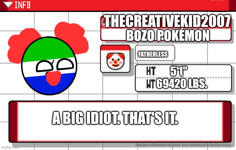 TCK as a Pokémon. | THECREATIVEKID2007; BOZO POKÉMON; FATHERLESS; 🤡; 5'1"
   69420 LBS. A BIG IDIOT. THAT'S IT. | image tagged in imgflip username pokedex | made w/ Imgflip meme maker