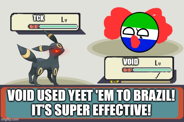 Pokemon Battle | TCK VOID VOID USED YEET 'EM TO BRAZIL!
IT'S SUPER EFFECTIVE! | image tagged in pokemon battle | made w/ Imgflip meme maker