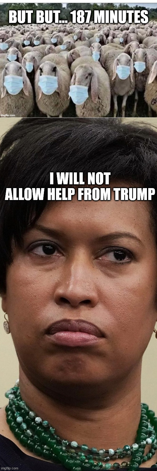 When all they have is their 187 minutes bs narrative... so sad... | BUT BUT... 187 MINUTES; I WILL NOT ALLOW HELP FROM TRUMP | image tagged in sign of the sheeple,auntie esther granddaughter mayor muriel bowser | made w/ Imgflip meme maker