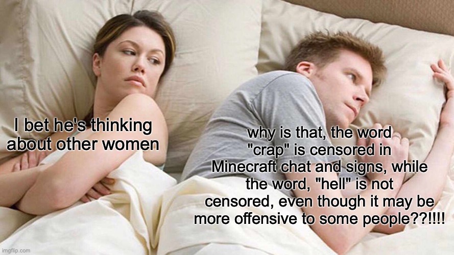 another Minecraft meme. | why is that, the word "crap" is censored in Minecraft chat and signs, while the word, "hell" is not censored, even though it may be more offensive to some people??!!!! I bet he's thinking about other women | image tagged in memes,i bet he's thinking about other women | made w/ Imgflip meme maker