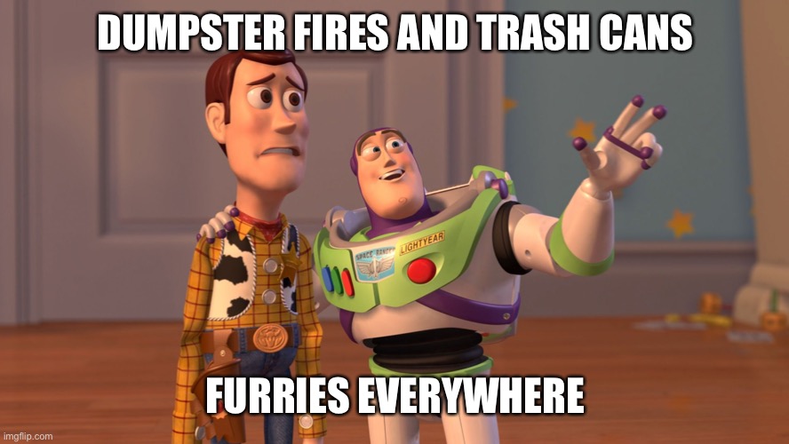 x x everywhere | DUMPSTER FIRES AND TRASH CANS FURRIES EVERYWHERE | image tagged in x x everywhere | made w/ Imgflip meme maker