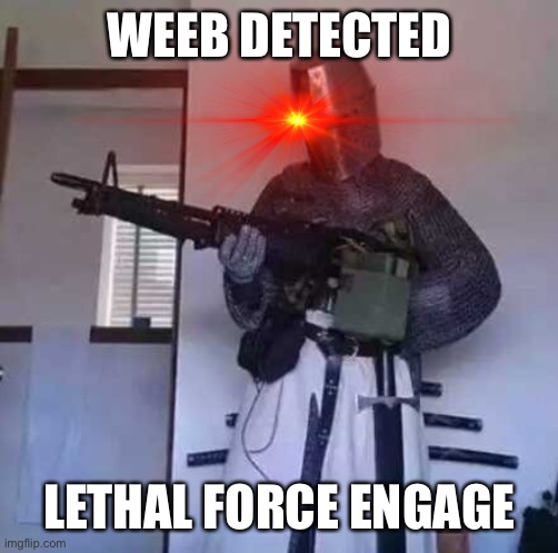 Crusader knight with M60 Machine Gun | WEEB DETECTED LETHAL FORCE ENGAGE | image tagged in crusader knight with m60 machine gun | made w/ Imgflip meme maker