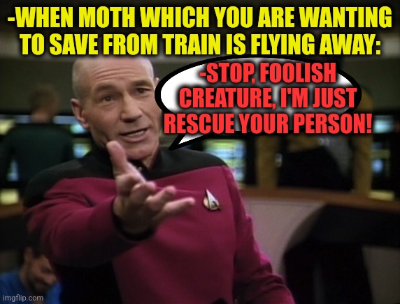 -Y not desire to escape? | -WHEN MOTH WHICH YOU ARE WANTING TO SAVE FROM TRAIN IS FLYING AWAY:; -STOP, FOOLISH CREATURE, I'M JUST RESCUE YOUR PERSON! | image tagged in pickard wtf,moth,animal rescue,thomas the train,prison escape,what do we want | made w/ Imgflip meme maker