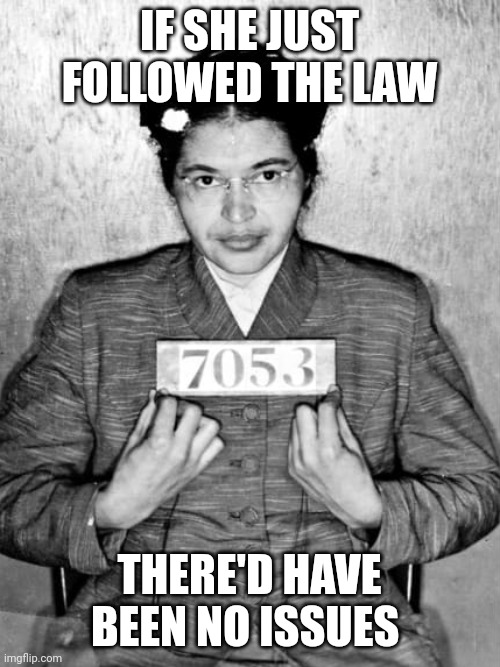 If there was no wrongdoing, nothing to worry about, right? | IF SHE JUST FOLLOWED THE LAW; THERE'D HAVE BEEN NO ISSUES | image tagged in humble -rosa parks | made w/ Imgflip meme maker