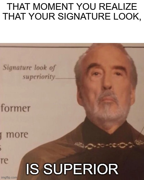 signature look | THAT MOMENT YOU REALIZE THAT YOUR SIGNATURE LOOK, IS SUPERIOR | image tagged in signature look of superiority | made w/ Imgflip meme maker