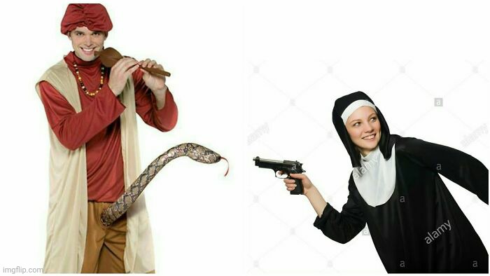 Weird stock photos 3 creepy snake charmer nun with gun | image tagged in weird stock photos 3 creepy snake charmer nun with gun | made w/ Imgflip meme maker