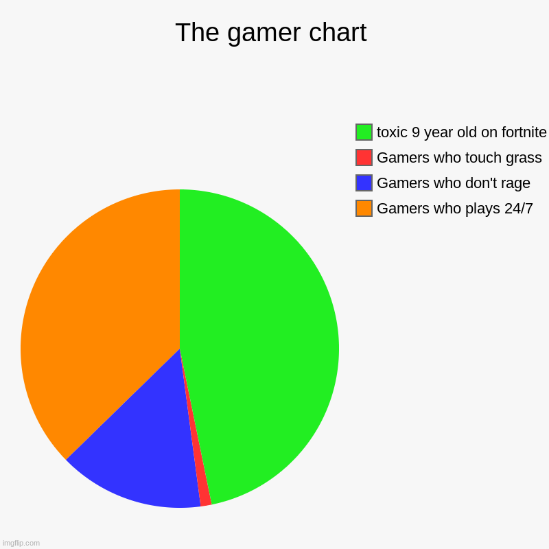 Gaming | The gamer chart | Gamers who plays 24/7, Gamers who don't rage, Gamers who touch grass, toxic 9 year old on fortnite | image tagged in charts,pie charts | made w/ Imgflip chart maker