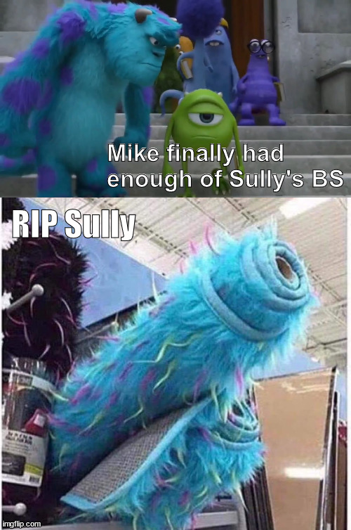 Mike finally had enough of Sully's BS; RIP Sully | image tagged in sully staring at mike,dark humor | made w/ Imgflip meme maker