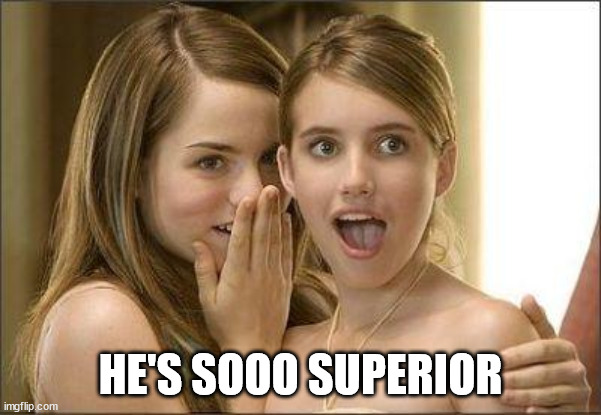 Girls gossiping | HE'S SOOO SUPERIOR | image tagged in girls gossiping | made w/ Imgflip meme maker