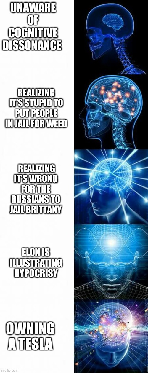 Elon Musk has thoughts on the incarceration of people for weed | UNAWARE OF COGNITIVE DISSONANCE; REALIZING IT’S STUPID TO PUT PEOPLE IN JAIL FOR WEED; REALIZING IT’S WRONG FOR THE RUSSIANS TO JAIL BRITTANY; ELON IS ILLUSTRATING HYPOCRISY; OWNING A TESLA | image tagged in enlightened,elon musk,marijuana,russians,political meme | made w/ Imgflip meme maker