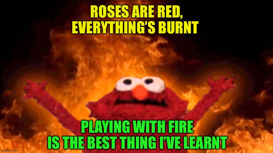 elmo fire | ROSES ARE RED,
EVERYTHING’S BURNT PLAYING WITH FIRE 
IS THE BEST THING I’VE LEARNT | image tagged in elmo fire | made w/ Imgflip meme maker