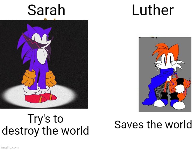Buff Doge vs. Cheems | Sarah; Luther; Try's to destroy the world; Saves the world | image tagged in memes,buff doge vs cheems | made w/ Imgflip meme maker