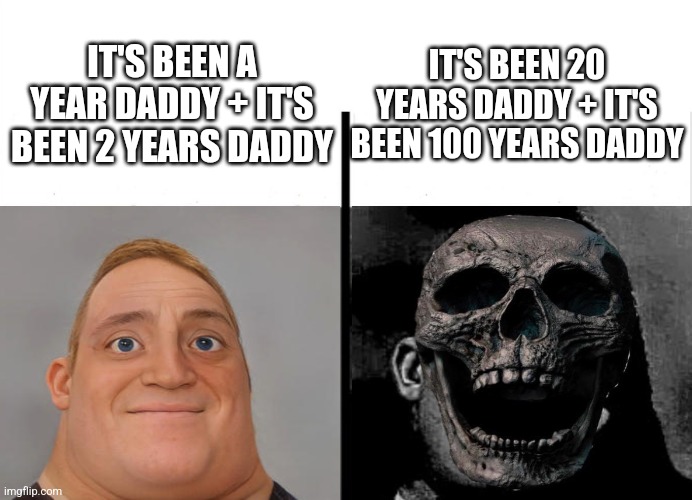 :V | IT'S BEEN A YEAR DADDY + IT'S BEEN 2 YEARS DADDY; IT'S BEEN 20 YEARS DADDY + IT'S BEEN 100 YEARS DADDY | image tagged in teacher's copy,quandale dingle,memes | made w/ Imgflip meme maker