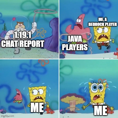 i'm scared dude | ME, A BEDROCK PLAYER; 1.19.1 CHAT REPORT; JAVA PLAYERS; ME; ME | image tagged in sandy lasso,minecraft,microsoft,java,bedrock,spongebob | made w/ Imgflip meme maker