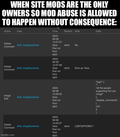 WHEN SITE MODS ARE THE ONLY OWNERS SO MOD ABUSE IS ALLOWED TO HAPPEN WITHOUT CONSEQUENCE: | made w/ Imgflip meme maker