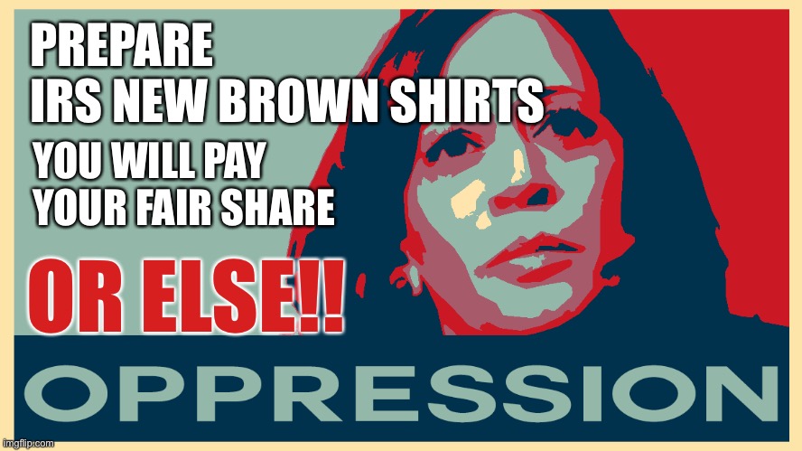 Canals gone nutz | PREPARE 
IRS NEW BROWN SHIRTS; YOU WILL PAY
YOUR FAIR SHARE; OR ELSE!! | image tagged in opression kamala,funny,memes | made w/ Imgflip meme maker