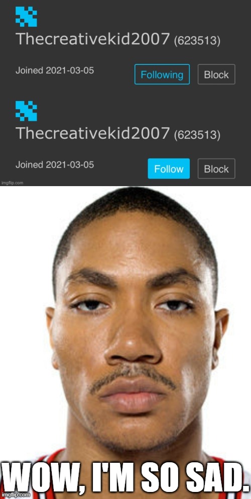 WOW, I'M SO SAD. | image tagged in derrick rose straight face | made w/ Imgflip meme maker