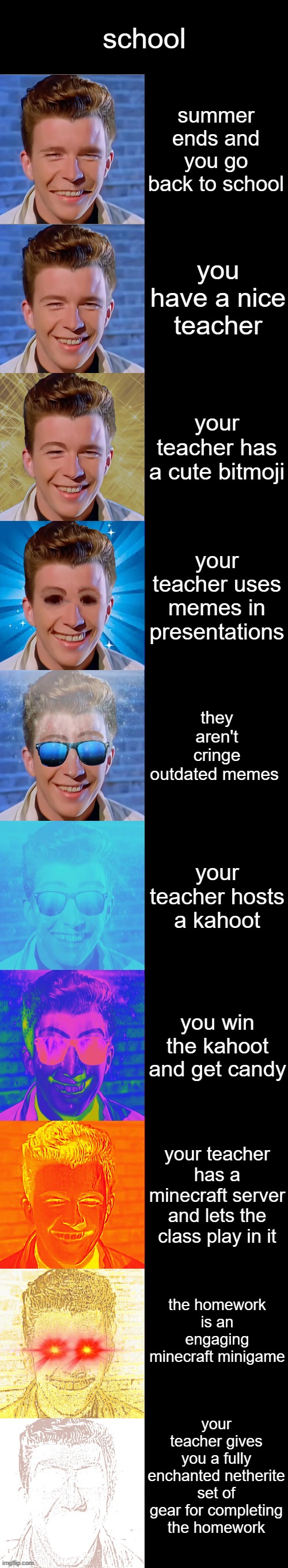 based teacher | school; summer ends and you go back to school; you have a nice teacher; your teacher has a cute bitmoji; your teacher uses memes in presentations; they aren't cringe outdated memes; your teacher hosts a kahoot; you win the kahoot and get candy; your teacher has a minecraft server and lets the class play in it; the homework is an engaging minecraft minigame; your teacher gives you a fully enchanted netherite set of gear for completing the homework | image tagged in rick astley becoming canny,minecraft,memes,kahoot,school,teacher | made w/ Imgflip meme maker