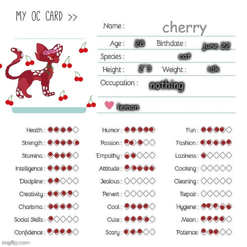 cherry's oc card | cherry; 28; june 22; cat; 2'3; idk; nothing; lemon | image tagged in oc card not made by me,cats,drawing,cherry | made w/ Imgflip meme maker