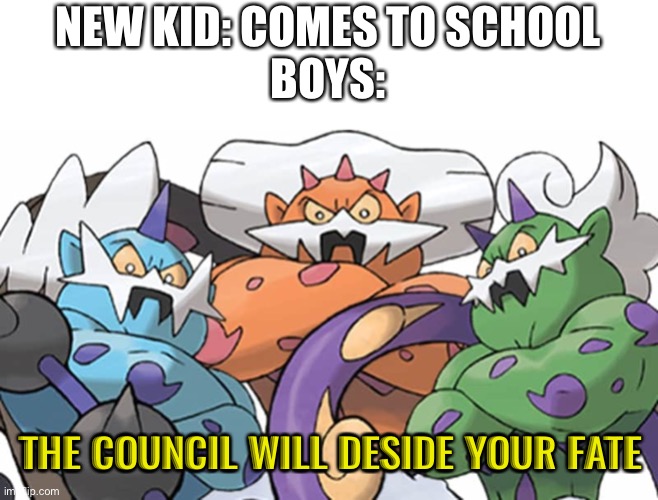 NEW KID: COMES TO SCHOOL
BOYS:; THE COUNCIL WILL DESIDE YOUR FATE | made w/ Imgflip meme maker