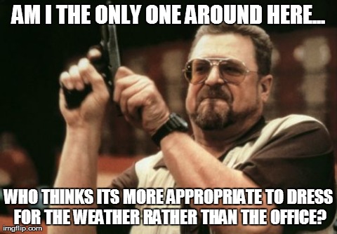 Am I The Only One Around Here Meme | AM I THE ONLY ONE AROUND HERE... WHO THINKS ITS MORE APPROPRIATE TO DRESS FOR THE WEATHER RATHER THAN THE OFFICE? | image tagged in memes,am i the only one around here,AdviceAnimals | made w/ Imgflip meme maker