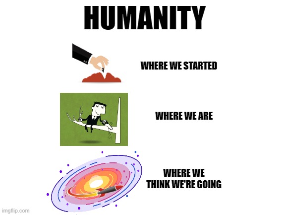Humanity | HUMANITY; WHERE WE STARTED; WHERE WE ARE; WHERE WE THINK WE'RE GOING | image tagged in future,history,destiny,delusion | made w/ Imgflip meme maker